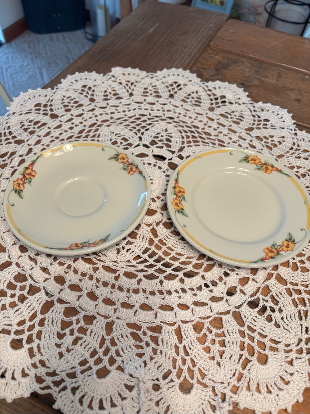 Unbranded Cream Saucer Pair with Yellow Floral Trim